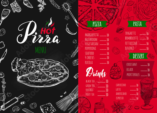 Italian food menu for restaurant and cafe. Pizza and Pasta vector concept. Design template with different hand drawn illustrations and handwritten Lettering