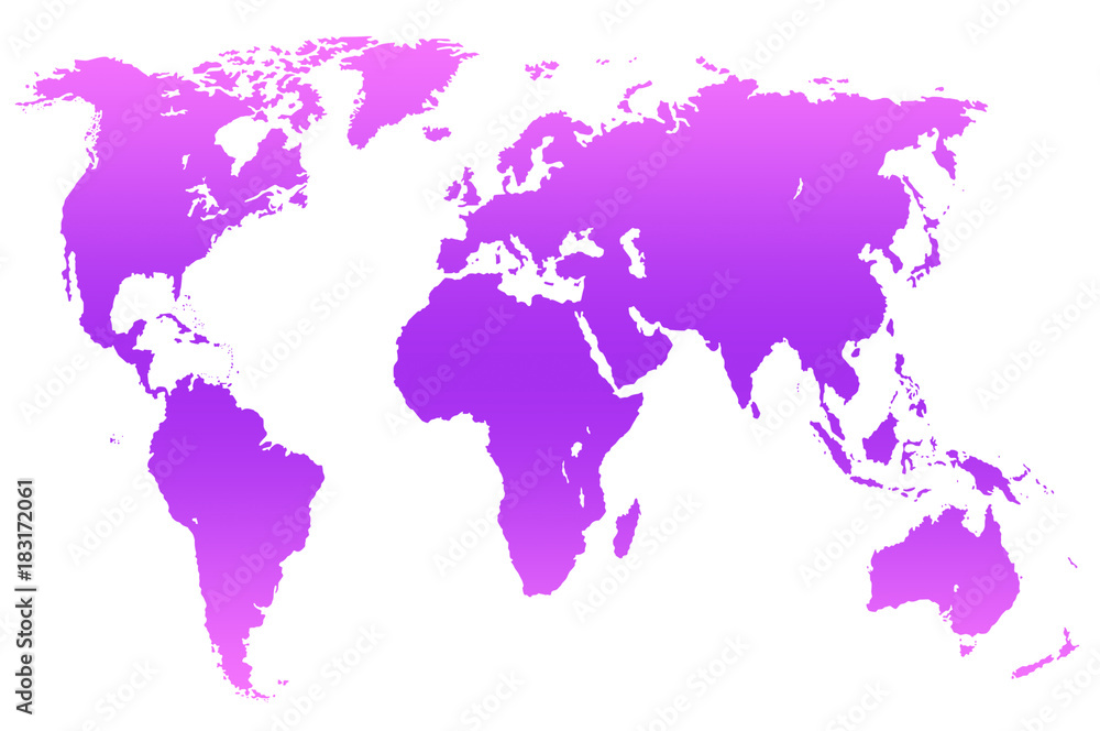 Obraz fioletowo-różowa gradientowa mapa świata, na białym tle