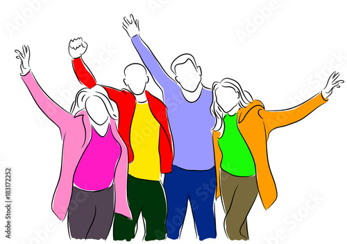 Sketchy vector illustration of a group of young people cheering