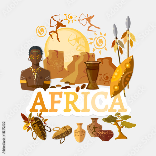 Travel to Africa. Traditions and culture,  Welcome to Africa. Collection of symbolic elements. Template travel background