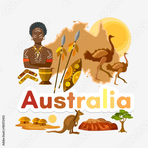 Travel to Australia. Traditions and culture,  Welcome to Australia. Collection of symbolic elements. Template travel background
