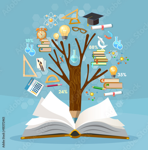 Education, tree of knowledge and open book, effective modern education template design. Back to school concept