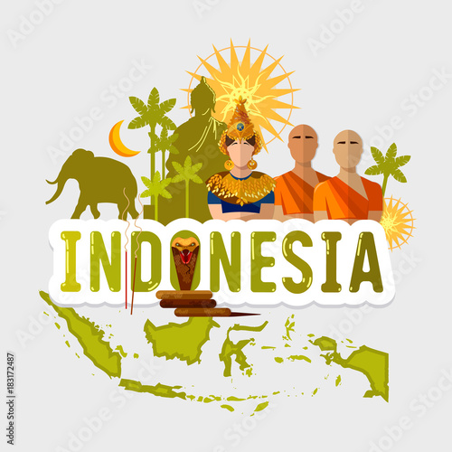 Travel to Indonesia. Traditions and culture,  Welcome to Indonesia. Collection of symbolic elements. Template indonesian travel background