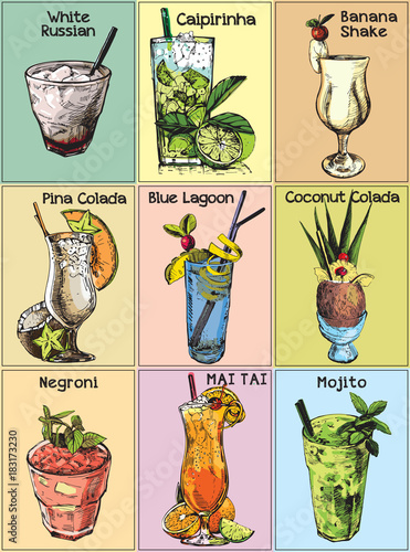 Collection of vintage cocktails. Hand drawn illustrations. Vector. Alcohol drinks set.Blue lagoon, Negroni, White russian, Mojito, Shake, Mai Tai, Pina Colada, Caipirinha