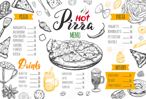 Italian food menu for restaurant and cafe. Pizza and Pasta vector concept. Design template with different hand drawn illustrations and handwritten Lettering