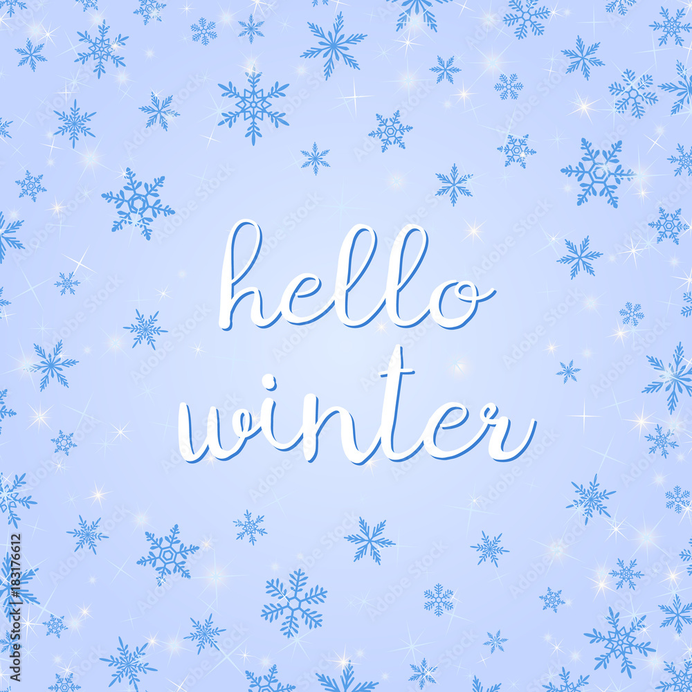 Hello Winter vector banner card template with snowy white text, blue snowflakes
