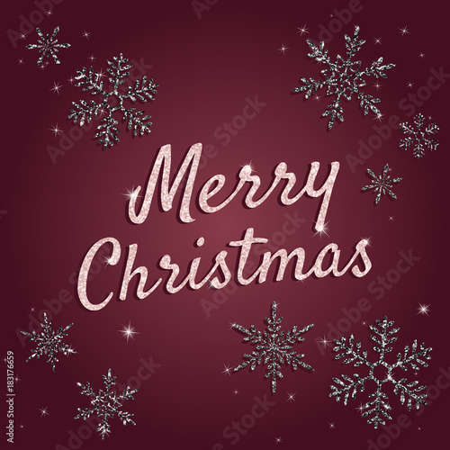 Merry Christmas greeting card with typographic text, shiny letters, snowflakes