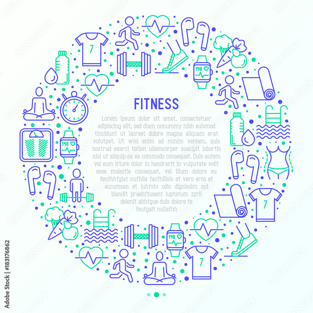 Fitness concept in circle with thin line icons of running, dumbbell, waist, healthy food, swimming pool, pulse, wireless earphones, sportswear, yoga. Modern vector illustration.