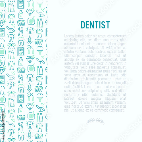 Dentist concept with thin line icons of tooth, implant, dental floss, crown, toothpaste, medical equipment. Modern vector illustration for banner, web page, print media.