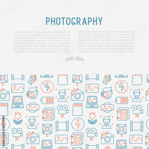 Photography concept with thin line icons of photographer, film, crop, flash, focus, light, panorama. Vector illustration for banner, web page, print media.