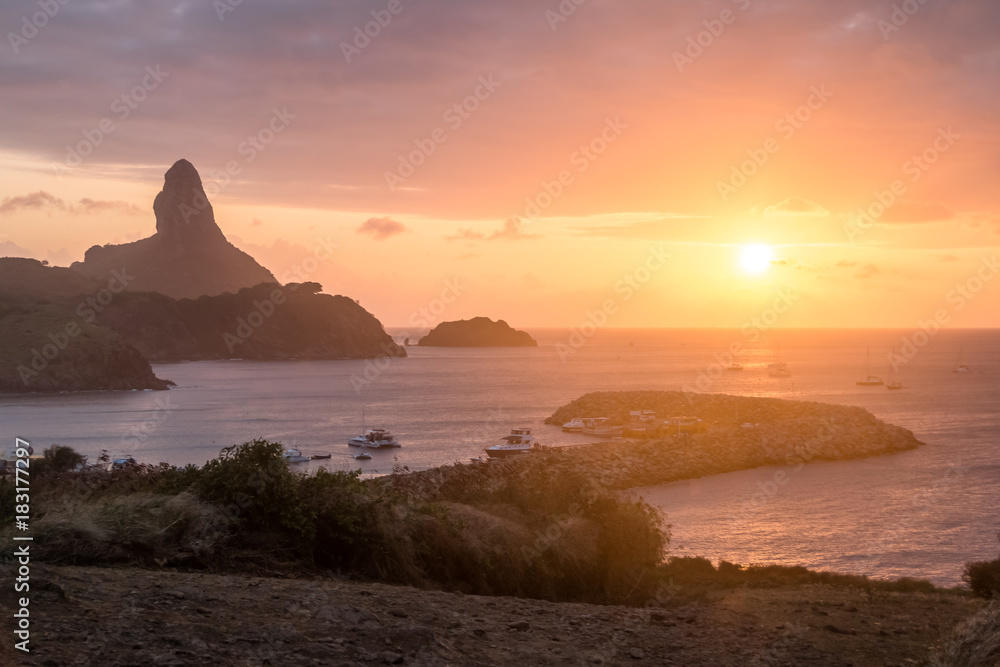 Sunset view of Fernando de Noronha with Morro do Pico and Santo Antonio Port - Fernando de Noronha, Pernambuco, Brazil.