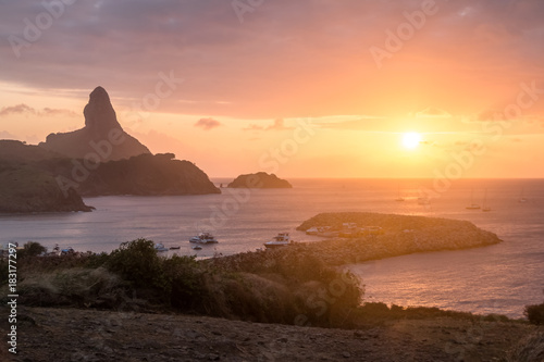 Sunset view of Fernando de Noronha with Morro do Pico and Santo Antonio Port - Fernando de Noronha, Pernambuco, Brazil.