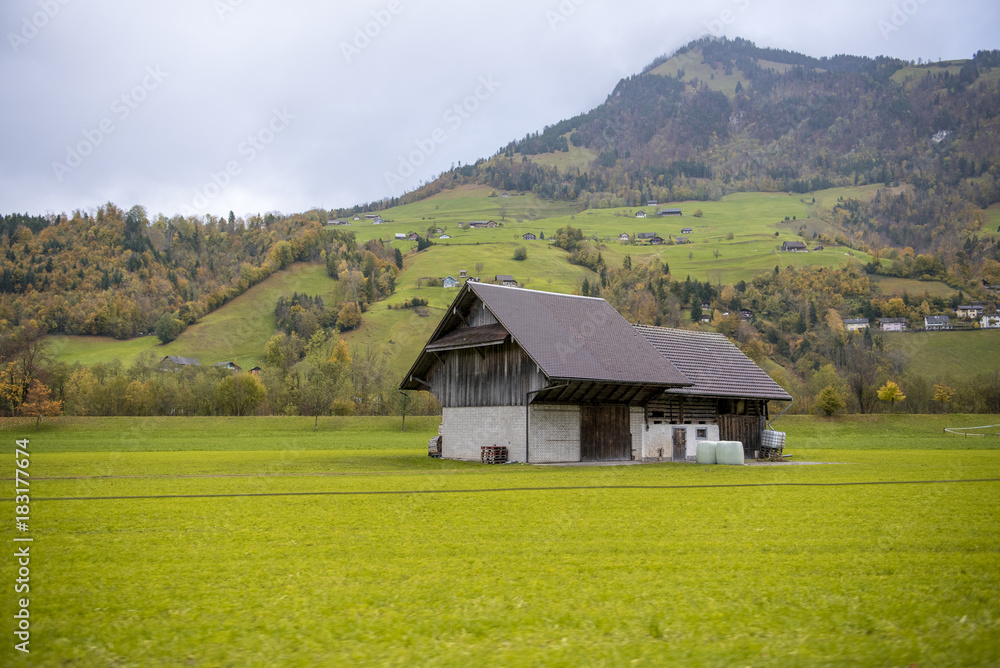 Engelberg, Switzerland, October 29;2017; Beautiful view of countryside village and mountain at autumn in Engelberg, Switzerland Engelberg, Switzerland, October 29;2017; Beautiful view of countryside village and mountain at autumn in Engelberg, Switzerland