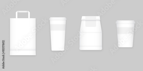 Coffee to go white blank mockups isolated on gray background, vector illustration. Small and big cappuccino cups, paper bags with place for logo. Graphic design elements for coffee shop.
