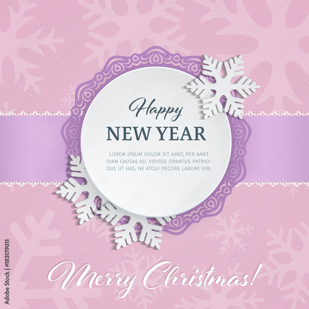 Cutout paper round label with ornamental frame and 3d snowflakes on the pink winter background with snowflake silhouettes. Merry Chrismas and Happy New Year text design. Vector Illustration.