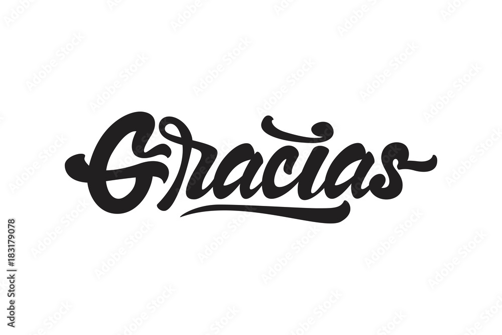 Gracias, hand lettering spanish word thank you, black brush calligraphy isolated on white background. Lettering for your design