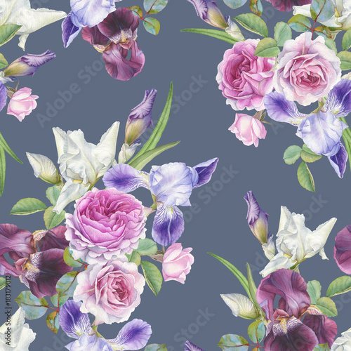 Floral seamless pattern with watercolor roses and irises