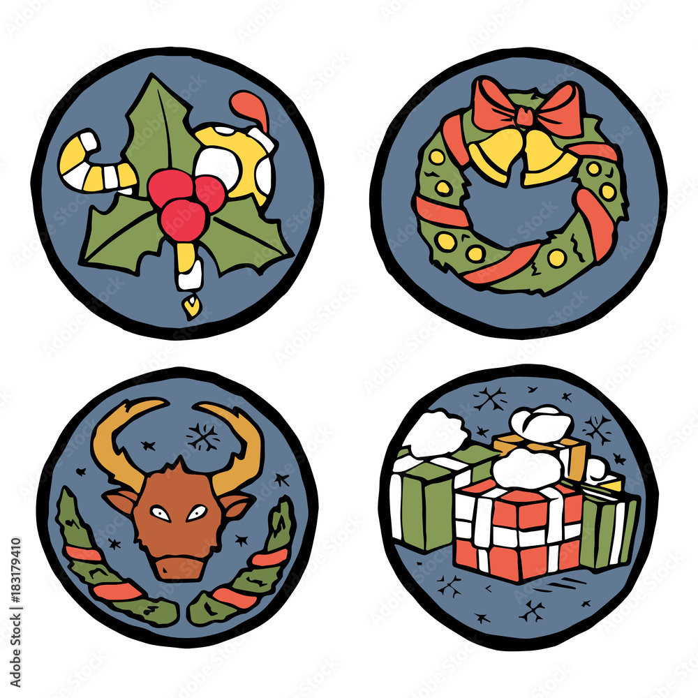 Set of Christmas and New Year round emblems