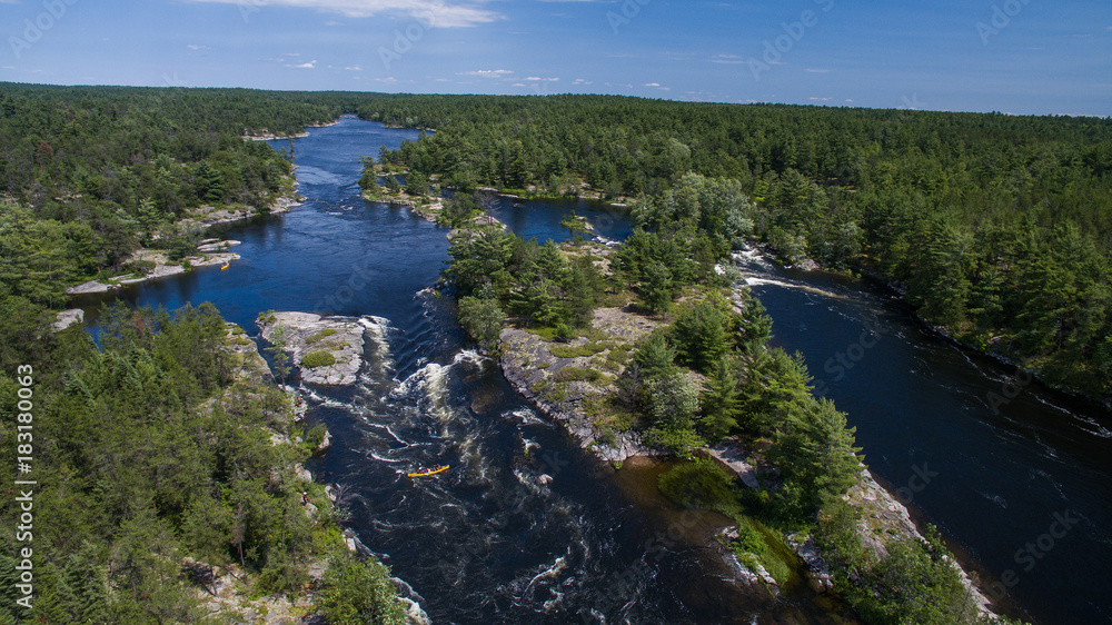 Aerial photo of a family whitewater canoe trip Aerial photo of a family whitewater canoe trip