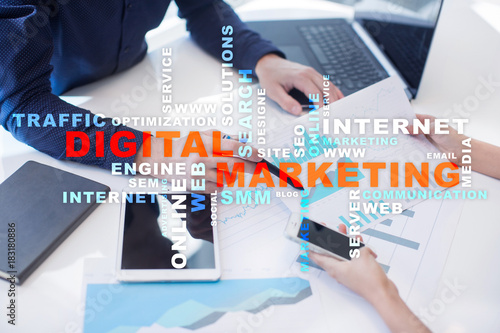 DIgital marketing technology concept. Internet. Online. Search Engine Optimisation. SEO. SMM. Advertising. Words cloud.