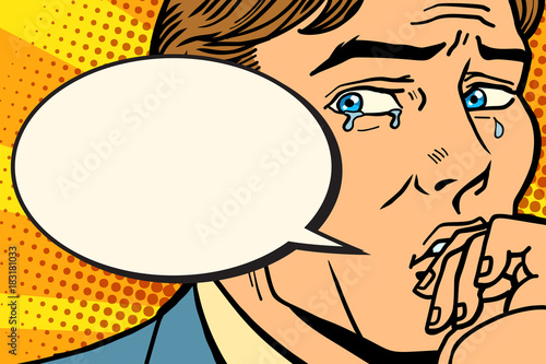 Retro comic man cries and says