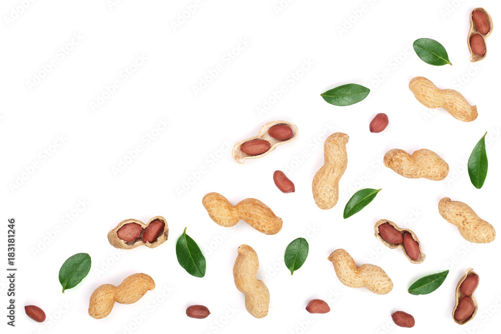 Peanuts with shells isolated on white background with copy space for your text, top view. Flat lay pattern Peanuts with shells isolated on white background with copy space for your text, top view. Flat lay pattern