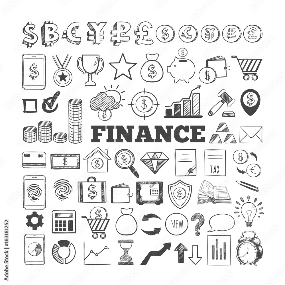 Business and Finance vector icons. Hand drawn isolated elements for web and mobile concepts. Money, Payments, Financial Safety modern infographic Business and Finance vector icons. Hand drawn isolated elements for web and mobile concepts. Money, Payments, Financial Safety modern infographic