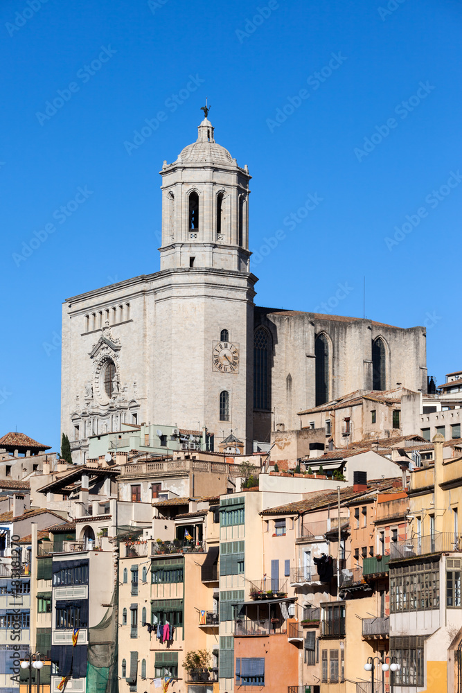 Girona Cathedral and Old Town Houses in Catalonia, Spain