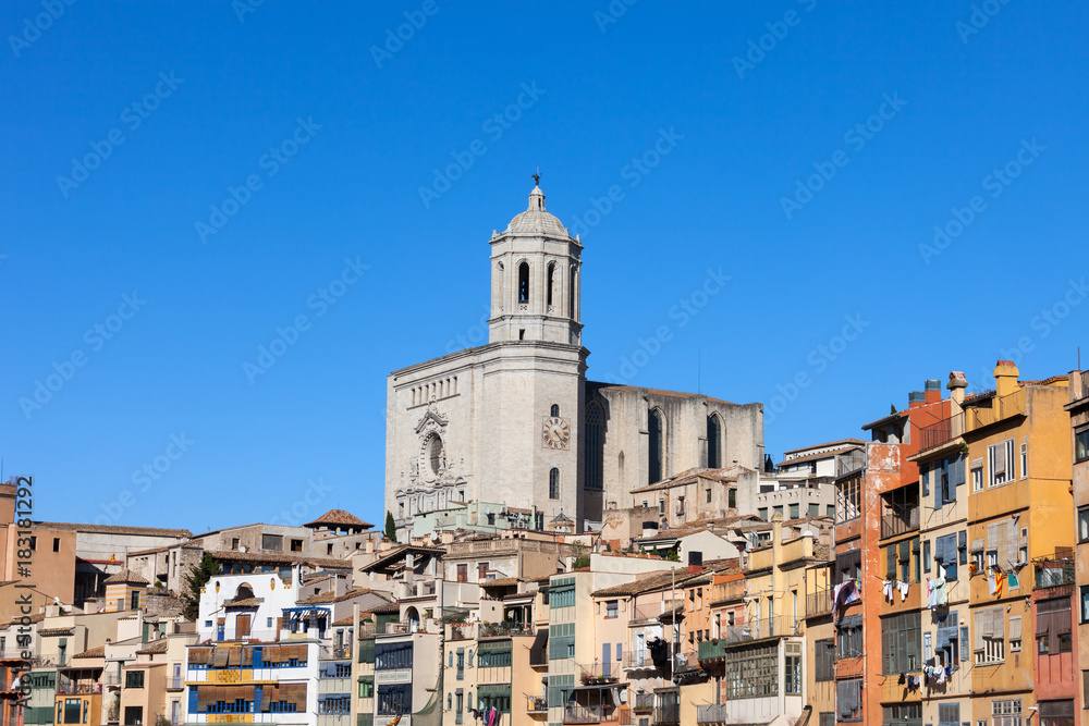 City of Girona Cathedral and Old Town Houses in Catalonia, Spain
