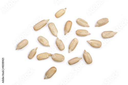 Peeled Sunflower seeds isolated on white background. Top view