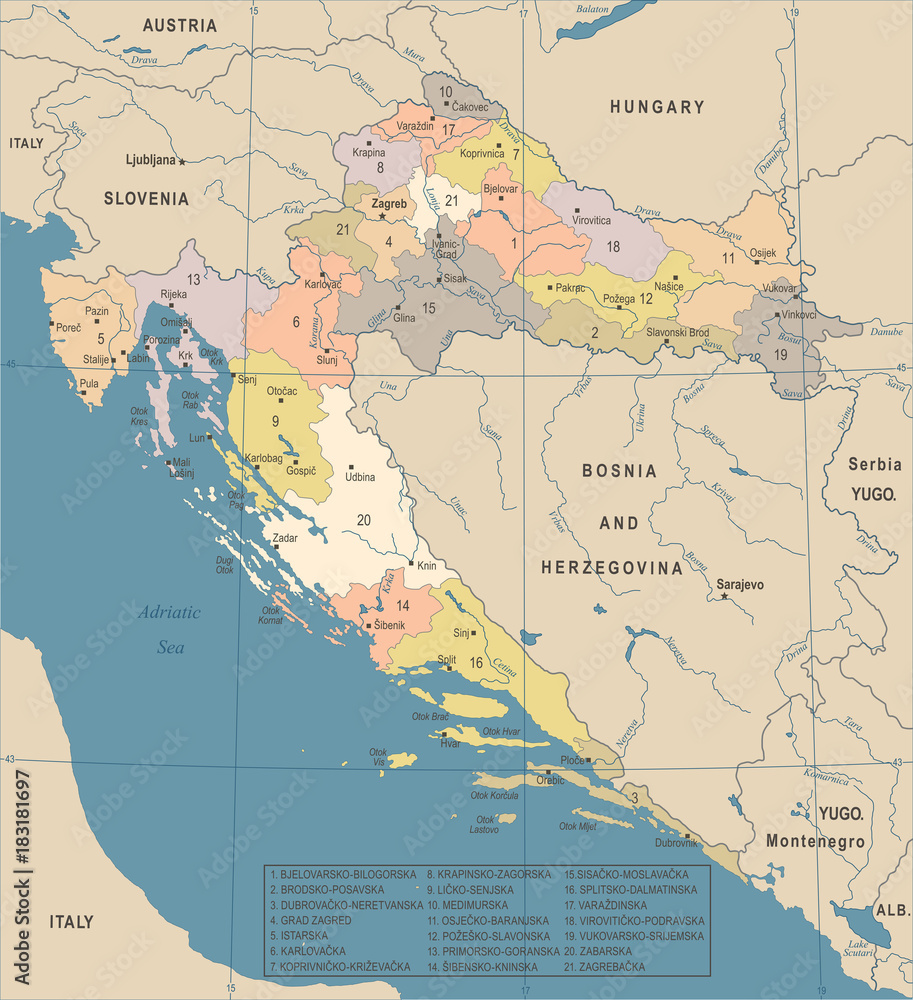Croatia Map - Vintage Detailed Vector Illustration