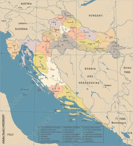 Fotografia, Obraz Croatia Map - Vintage Detailed Vector Illustration