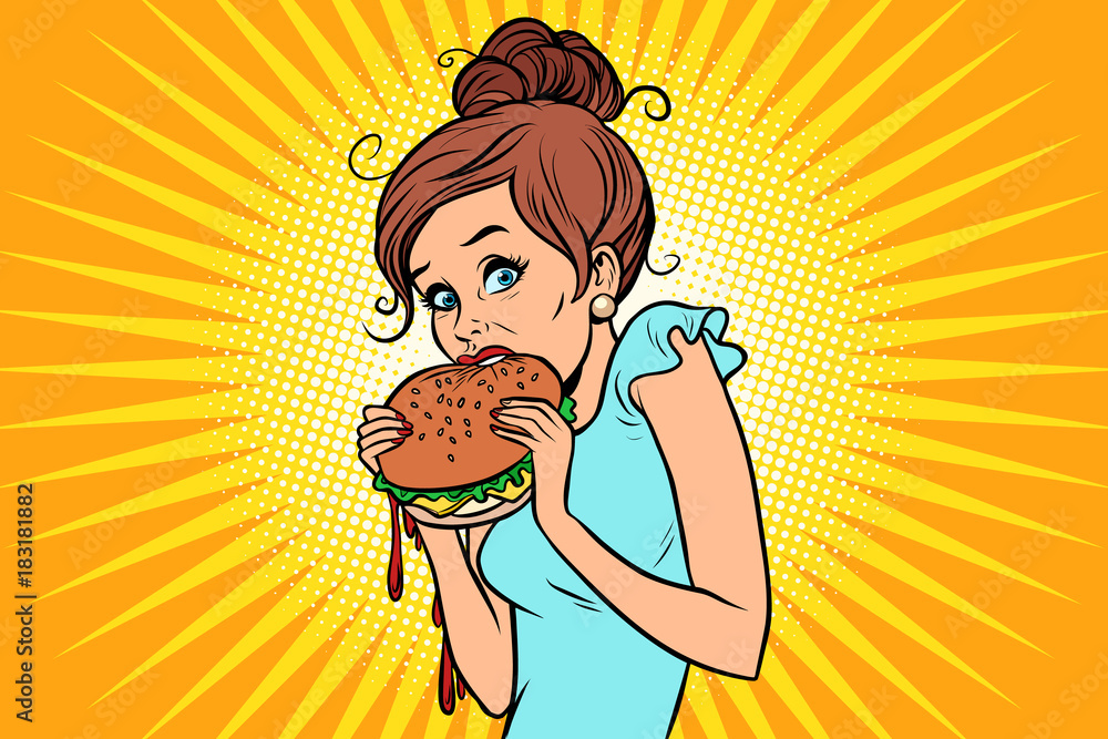 Fototapeta premium Overeating fast food. Woman secretly eating a Burger