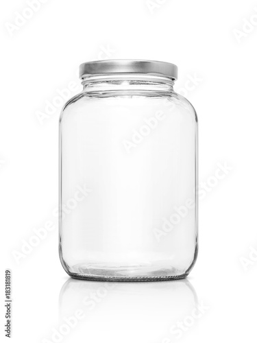 Clear glass bottle with silver cap isolated on white background