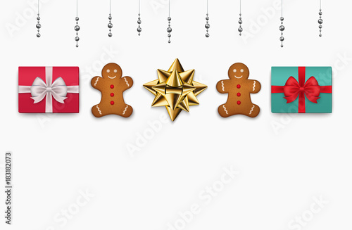 Christmas presents top view on a white background. Boxes with gifts, biscuits, bow, garlands.