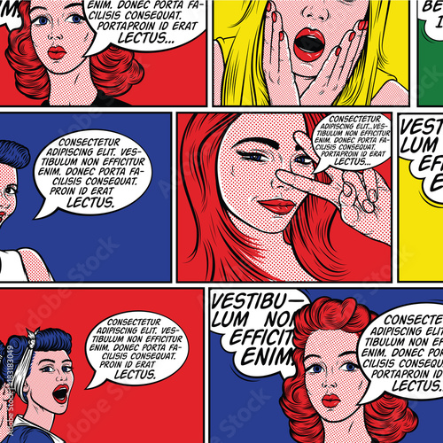 Retro comic book background. Pop art background. Pin up women with speech bubbles. 