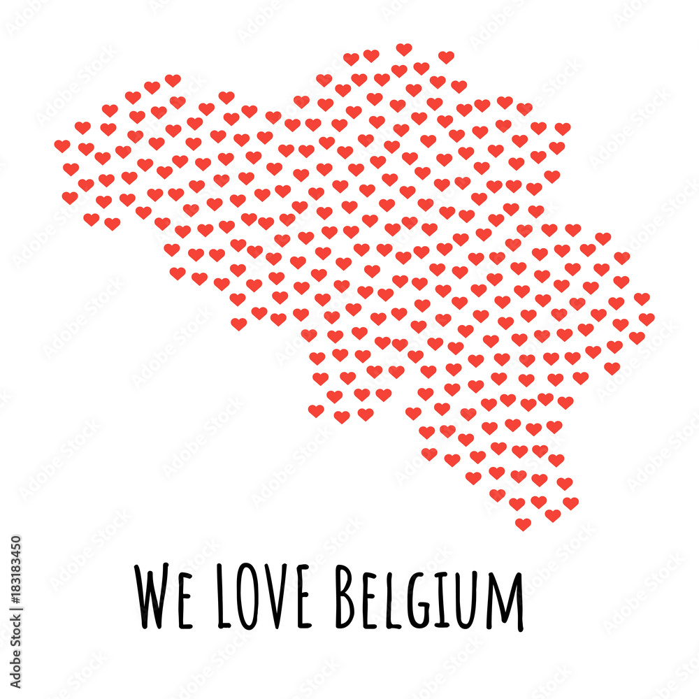 Belgium Map with red hearts - symbol of love. abstract background