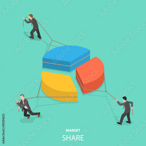 Market share flat isometric vector concept. Businessmen are competing by pulling parts of the pie chart each to itself side.