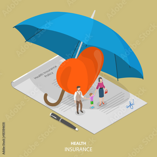 Health insurance flat isometric vector concept. People are standing on the signed health insurance policy, near them are a big heart symbol and all those elements are covered by the big umbrella.