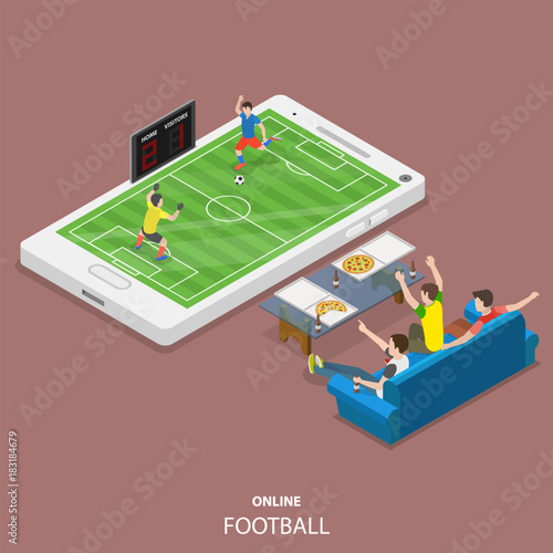 Online football flat isometric vector concept. Friends are sitting on the sofa and watching the soccer match that is going on the on the top of the big smartphone.