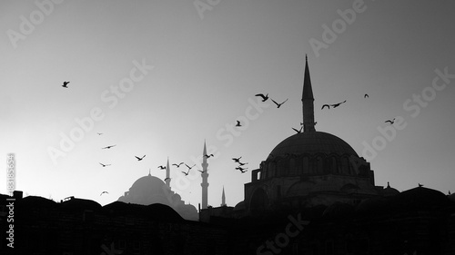 Canvas Print Black and white Mosque silhouette in Istanbul Turkey