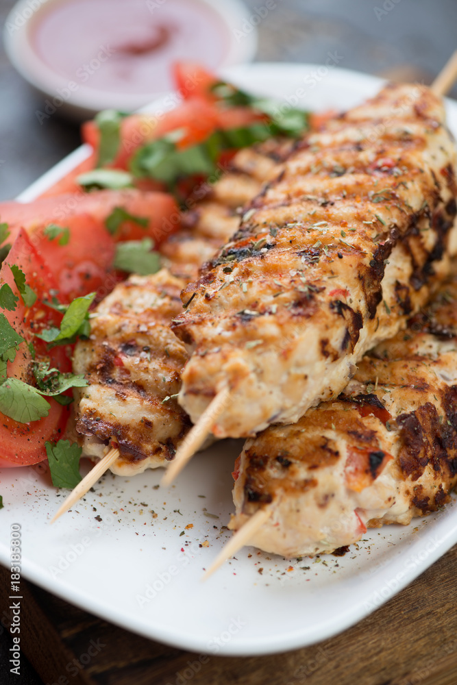 Close-up of lula kebabs made of chicken meat, selective focus, shallow depth of field Close-up of lula kebabs made of chicken meat, selective focus, shallow depth of field