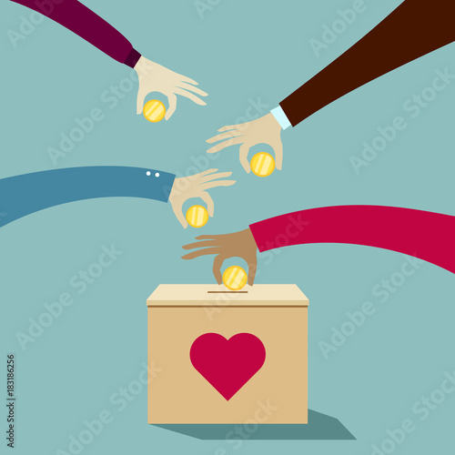 Fototapeta Hands putting coins into donation box: Donate money charity concept