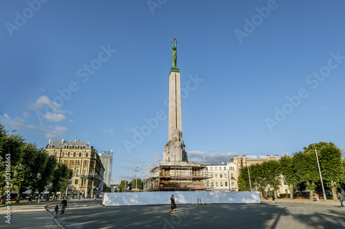 View of the Freedom monument in Central Riga in Latvia
