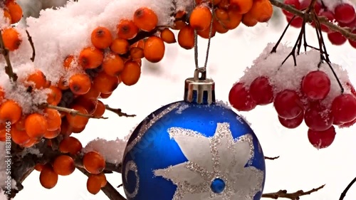 blue New Year ball and sea-buckthorn