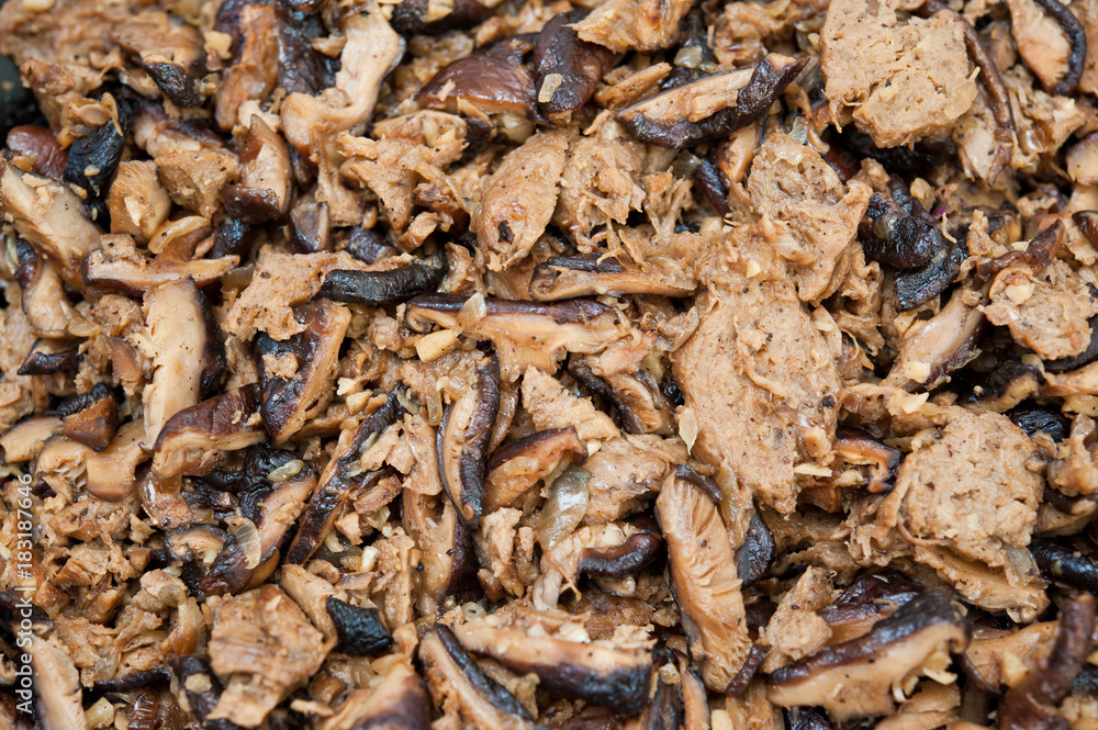 Closeup of mushroom and mock meat ingredients