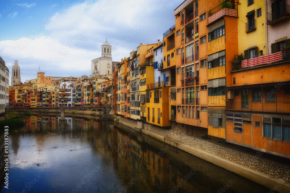 Riverside with colorful houses in Gerona, Spain