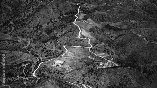 Black and White aerial view of countryside in Andalusia, Spain