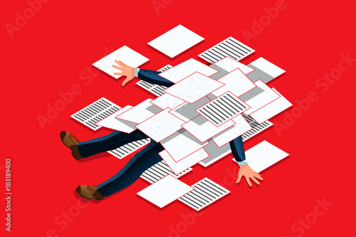 Overwork concept. Accountant under a overloaded paper pile of documents. Businessman flat vector illustration