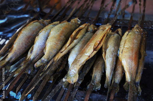 Delicious trouts on skewers roasted on a grill